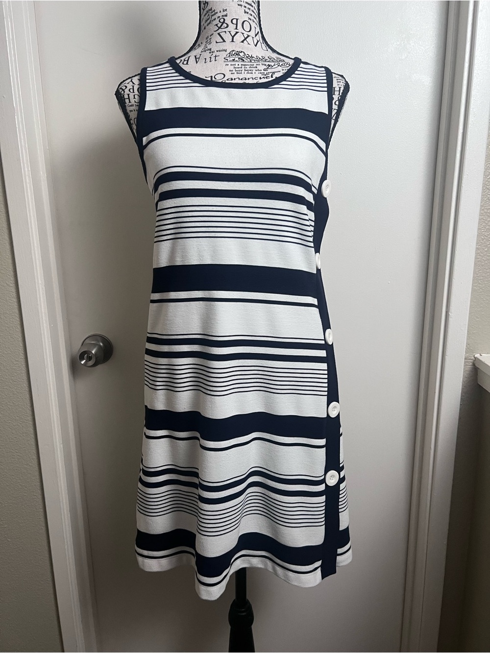 Max Studio Navy White Striped Side Button Nautical Shift Dress XS